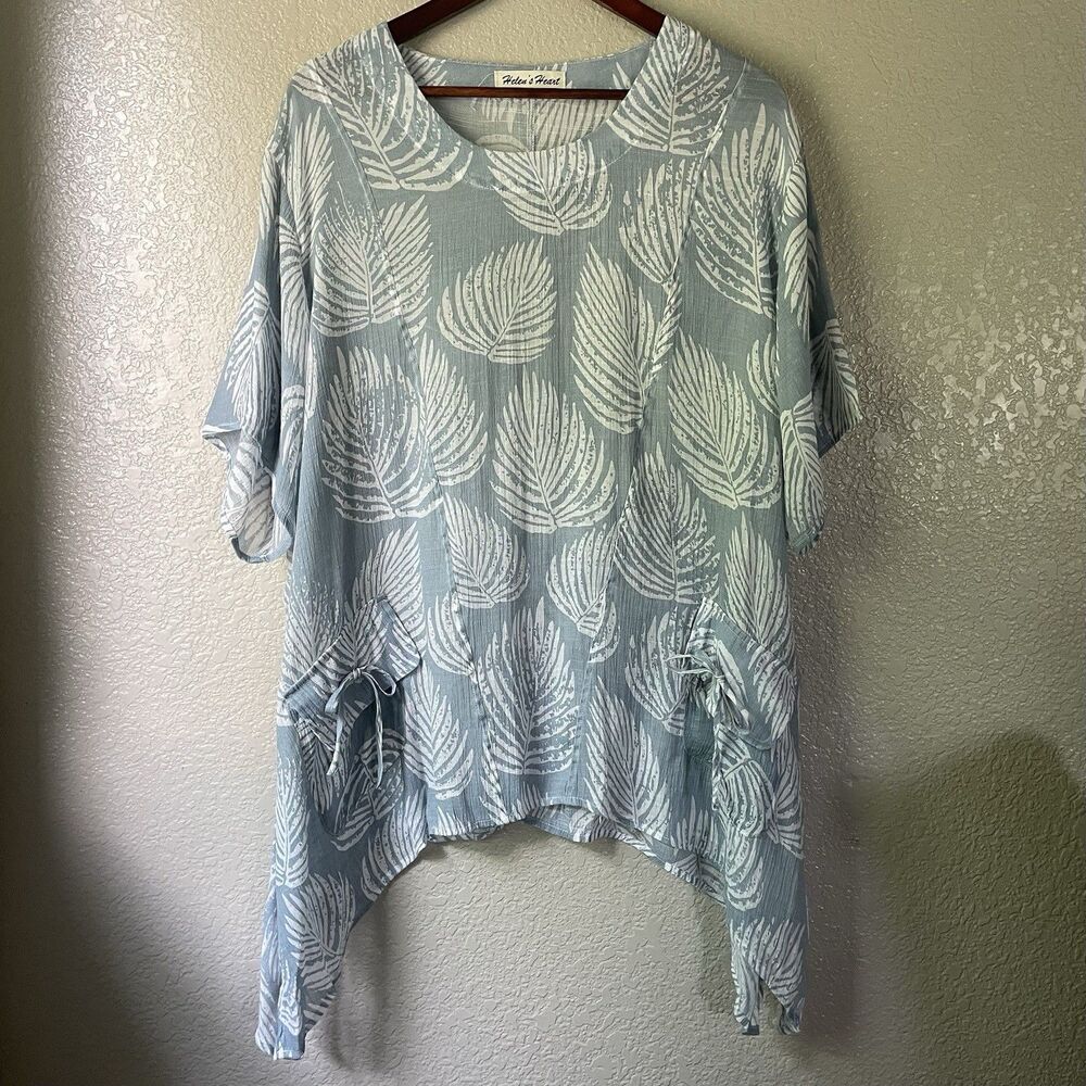 Helens Heart Large Blue Tropical Linen Cotton Tunic Boho Lagenlook Artsy Pockets